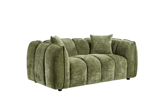 Venice two-seat sofa in olive green textured fabric, with rounded arms and segmented cushions