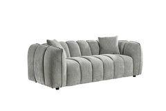 Venice three-seat sofa in light gray textured fabric with channel tufting and loose cushions
