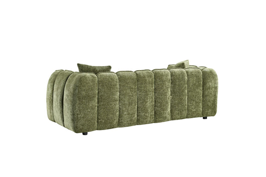 Venice three-seat sofa, rear view showing its olive green channel-upholstered back