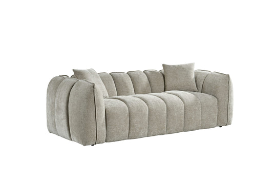Venice three-seat sofa in light gray woven fabric, with channel-tufted back and seat cushions
