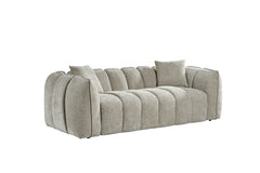 Venice three-seat sofa in light gray woven fabric, with channel-tufted back and seat cushions