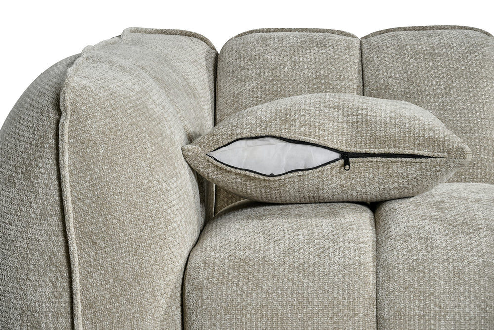 Venice sofa cushion detail with a zipper and removable gray woven cover
