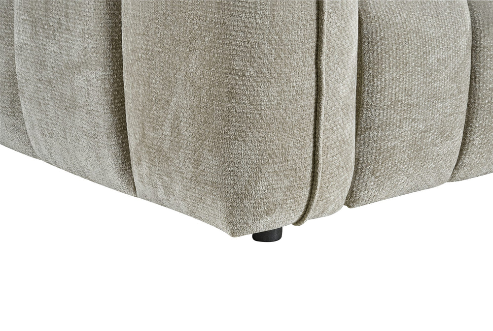 Venice sofa close-up showing textured light gray upholstery, rounded seams, and a black foot