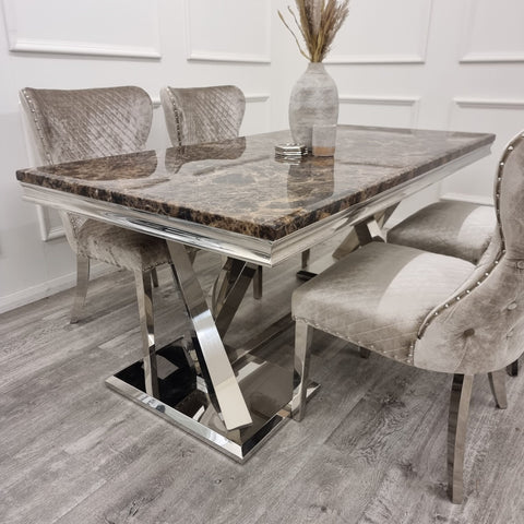 Xavia Brown Marble 1.8 Dining Table with Set of 4 Chelsea Mink Shimmer chairs