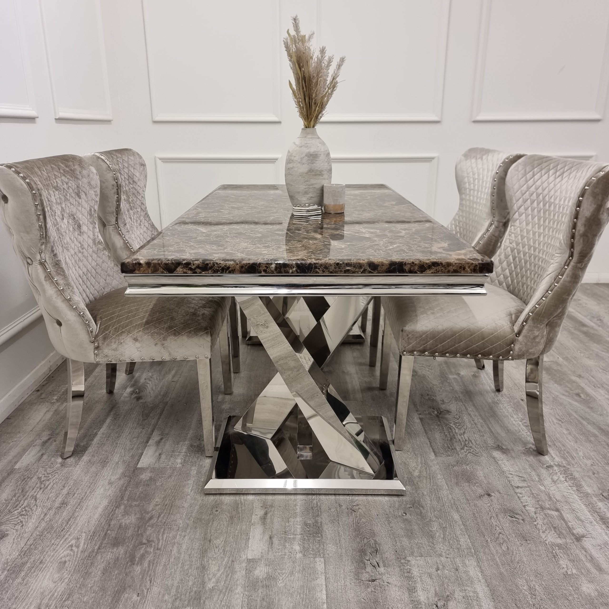 Xavia Brown Marble 1.8 Dining Table with Set of 4 Chelsea Mink Shimmer chairs
