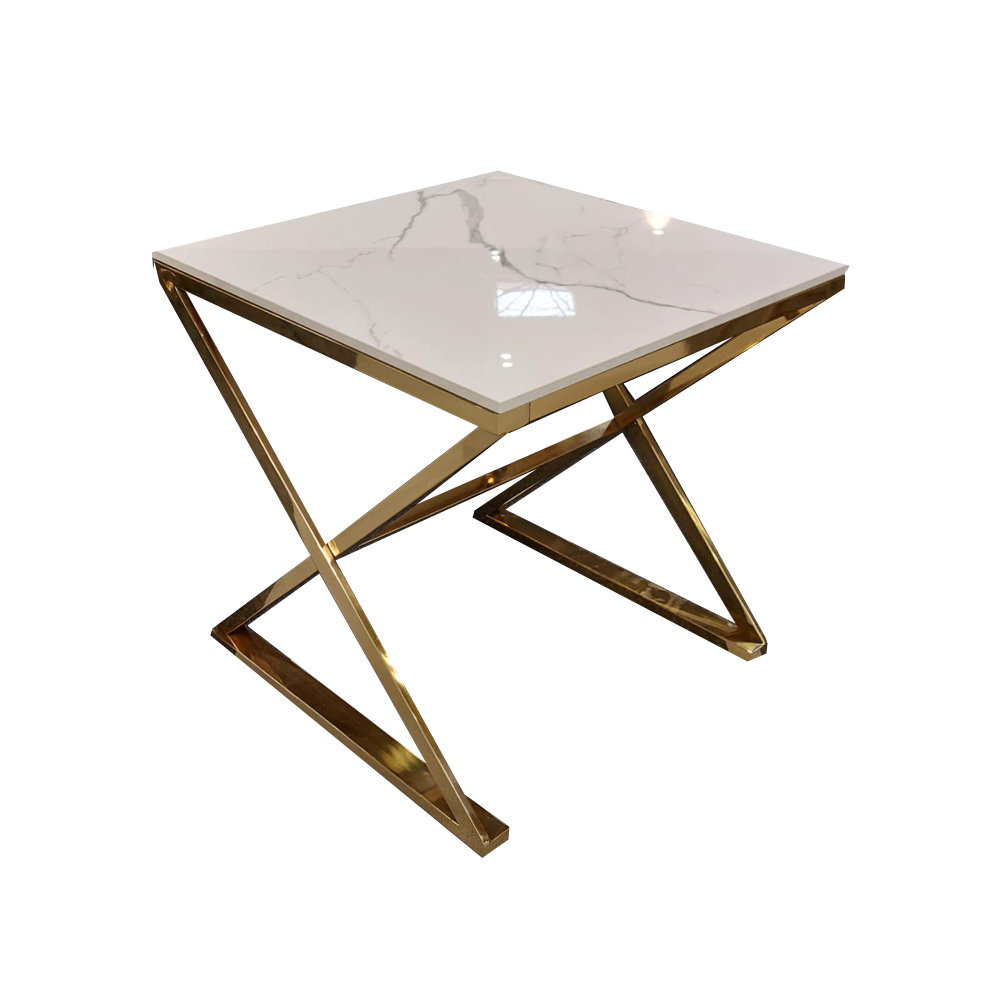 Square lamp table with marble-look top and crossed gold metal base