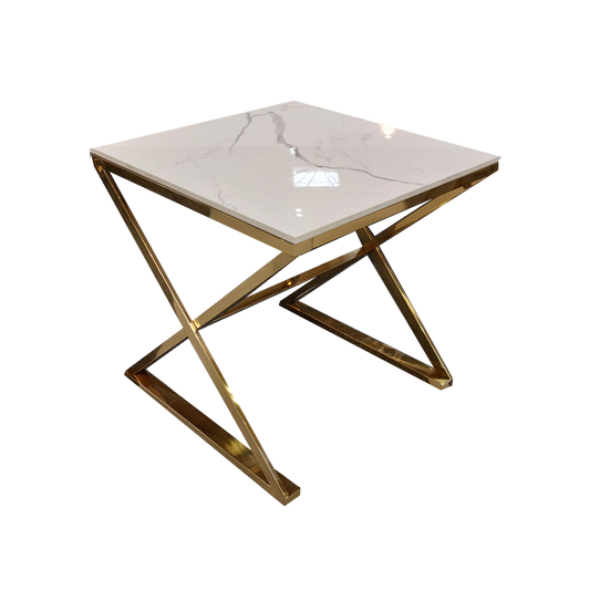 Square lamp table with marble-look top and crossed gold metal base