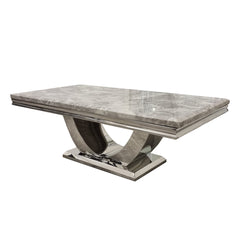 Grey marble coffee table with a polished metal curved pedestal base