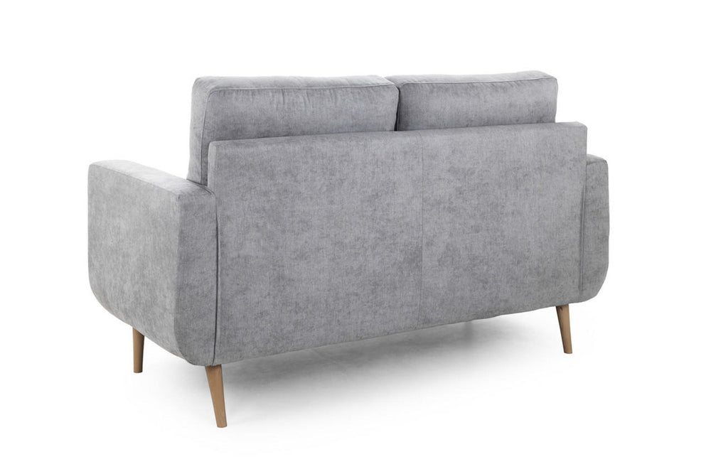 Aurora two-seat sofa viewed from behind, with gray upholstery and tapered wood legs