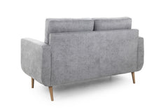 Aurora two-seat sofa viewed from behind, with gray upholstery and tapered wood legs