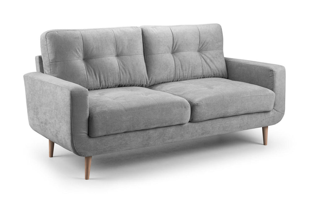 Aurora gray three-seat sofa with tufted back cushions and tapered wooden legs