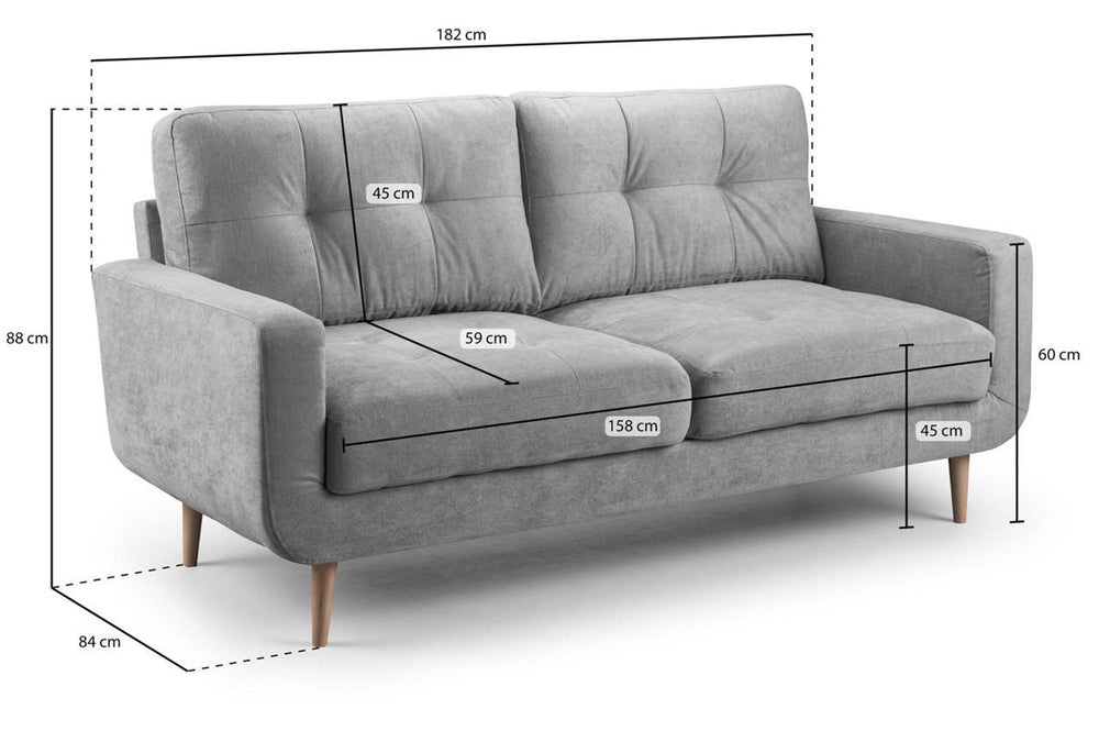 Aurora gray three-seat sofa with dimension markings for width, depth, and height