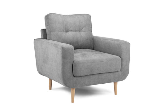 Aurora gray upholstered armchair with full back, broad arms, cushioned seat and tapered wood legs