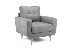 Aurora gray upholstered armchair with full back, broad arms, cushioned seat and tapered wood legs