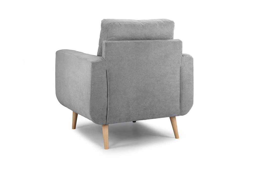 Aurora armchair rear view with upholstered back and tapered wood legs