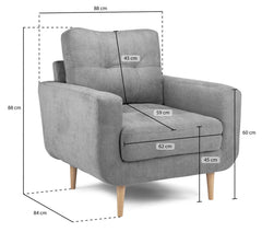 Aurora armchair dimension diagram showing overall and seat measurements