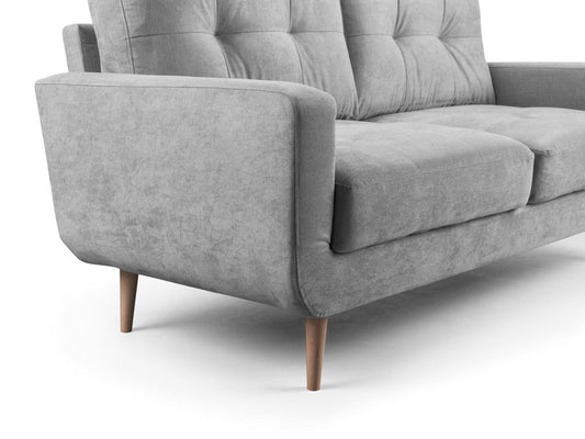Aurora gray corner sofa close-up showing a wide armrest and wooden legs