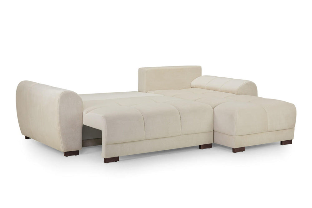 Azzuro cream sofa bed opened into a bed with extended seat cushions