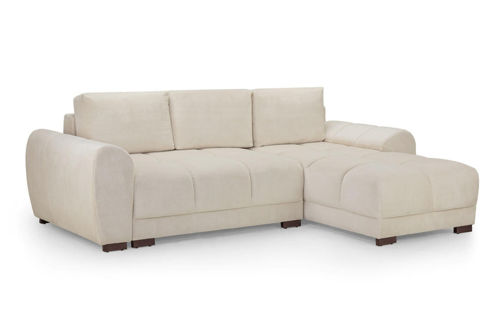 Azzuro cream corner sofa bed with chaise, padded seats and wooden feet