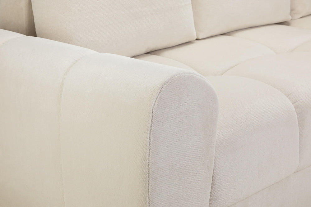 Azzuro cream sofa bed close-up of the rounded armrest and padded seat