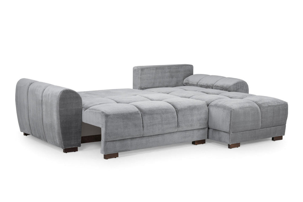 Grey Azzuro Universal Sofa Bed opened into a bed with a chaise section