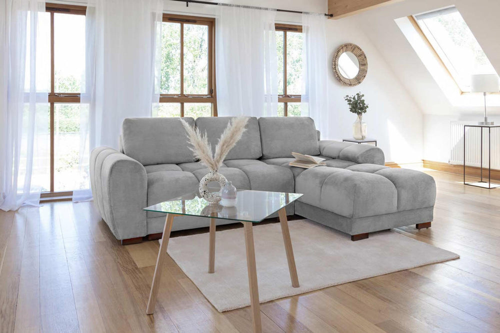 Grey Azzuro Universal Sofa Bed with chaise and plush segmented cushions