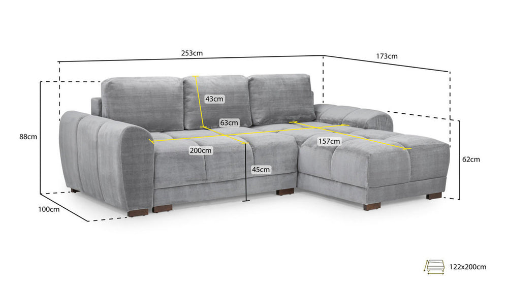 Grey Azzuro Universal Sofa Bed with chaise and labeled measurements