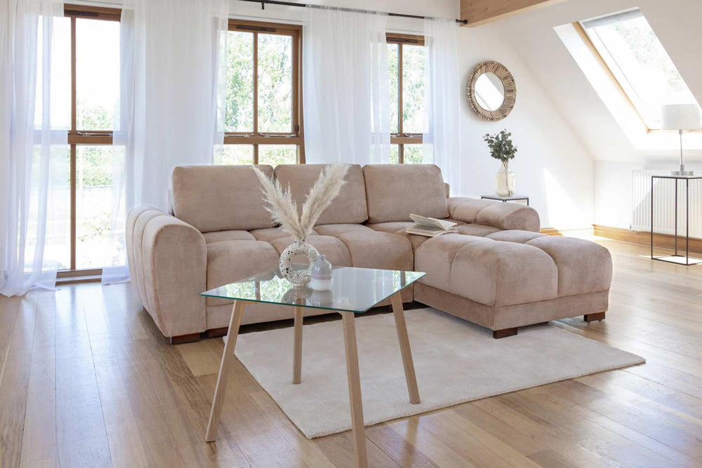 Mocha Azzuro Universal Sofa Bed with chaise and plush, segmented cushions