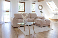 Mocha Azzuro Universal Sofa Bed with chaise and plush, segmented cushions