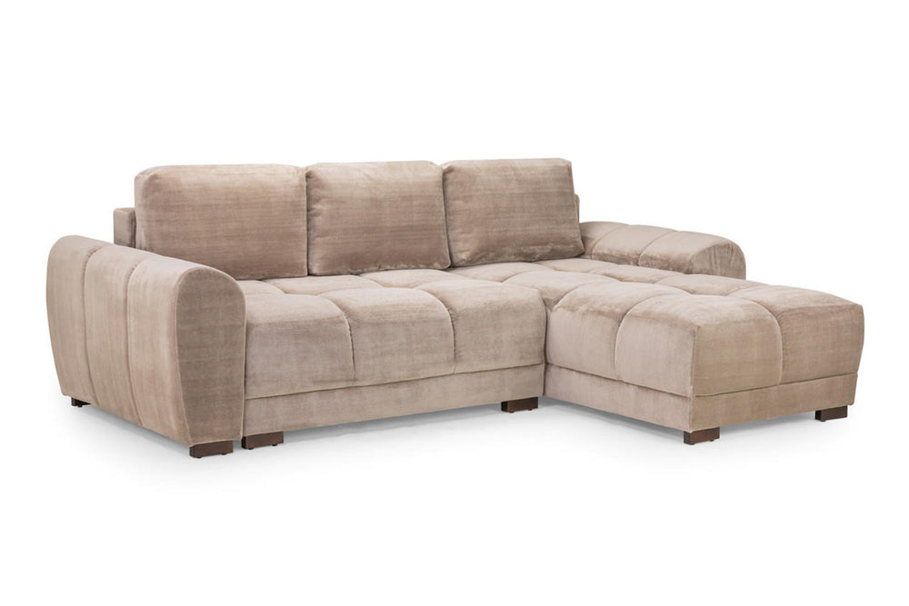 Azzuro Universal Sofa Bed in mocha with a chaise, padded seats and three back cushions