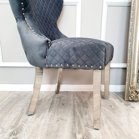 Set of 2 Chelsea Dining Chair Grey with Lion Knocker & Buttoned Back