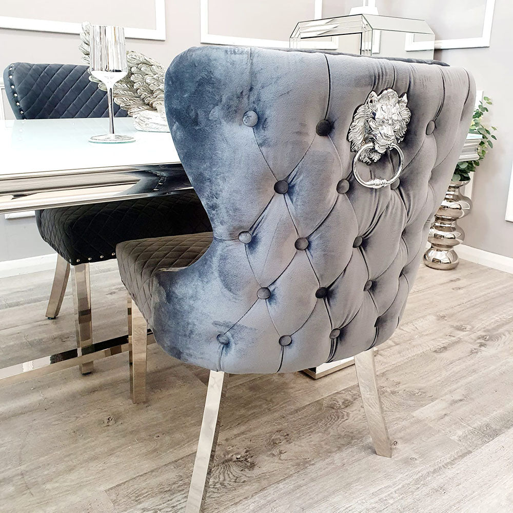 Set of 2 Chelsea Dining Chairs ALL Grey Shimmer with Lion Knocker & Buttoned Back