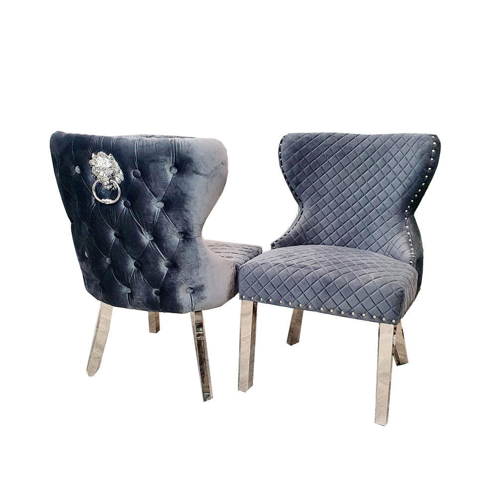 Set of 2 Chelsea Dining Chair Grey with Lion Knocker & Buttoned Back