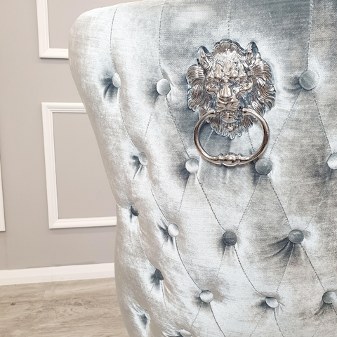 Set of 2 Chelsea Dining Chairs ALL Grey Shimmer with Lion Knocker & Buttoned Back
