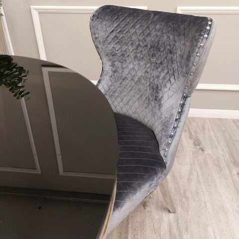 Set of 2 Chelsea Dining Chair Grey with Lion Knocker & Buttoned Back