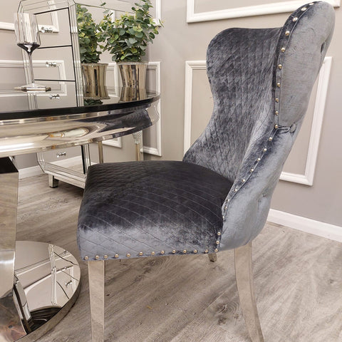 Set of 2 Chelsea Dining Chair Grey with Lion Knocker & Buttoned Back