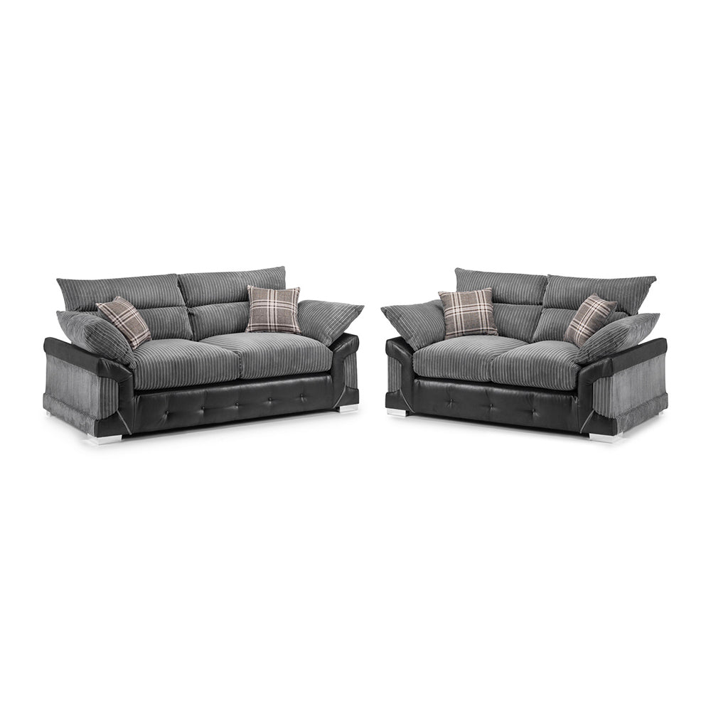 Logan Fullback sofa set with gray ribbed upholstery, dark arms, and plaid cushions