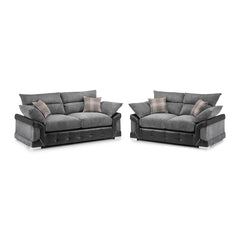 Logan Fullback sofa set with gray ribbed upholstery, dark arms, and plaid cushions
