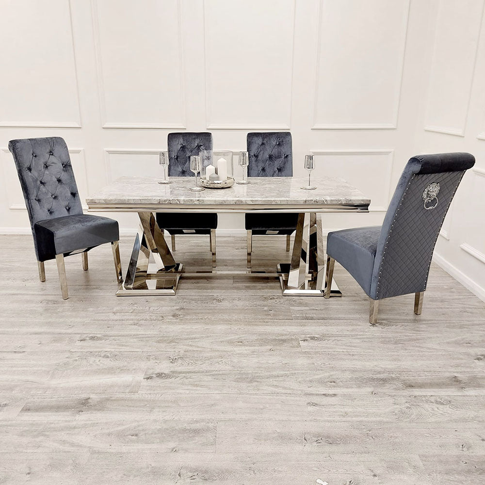 Xavia White Marble 1.8m Dining Table With Set Of 4 Emma Dark Grey Dining Chairs