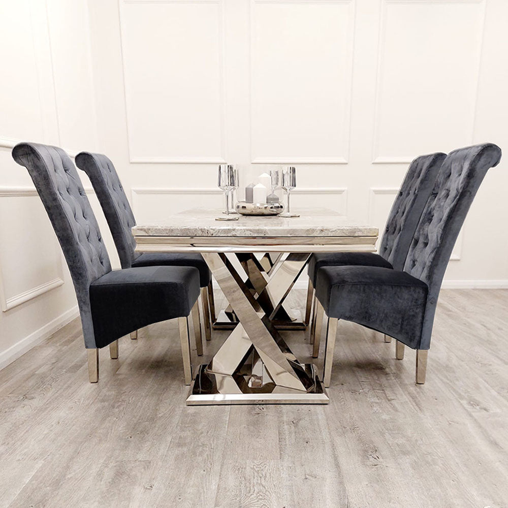 Xavia White Marble 1.8m Dining Table With Set Of 4 Emma Dark Grey Dining Chairs