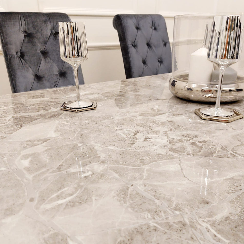 Xavia White Marble 1.8m Dining Table With Set Of 4 Emma Dark Grey Dining Chairs