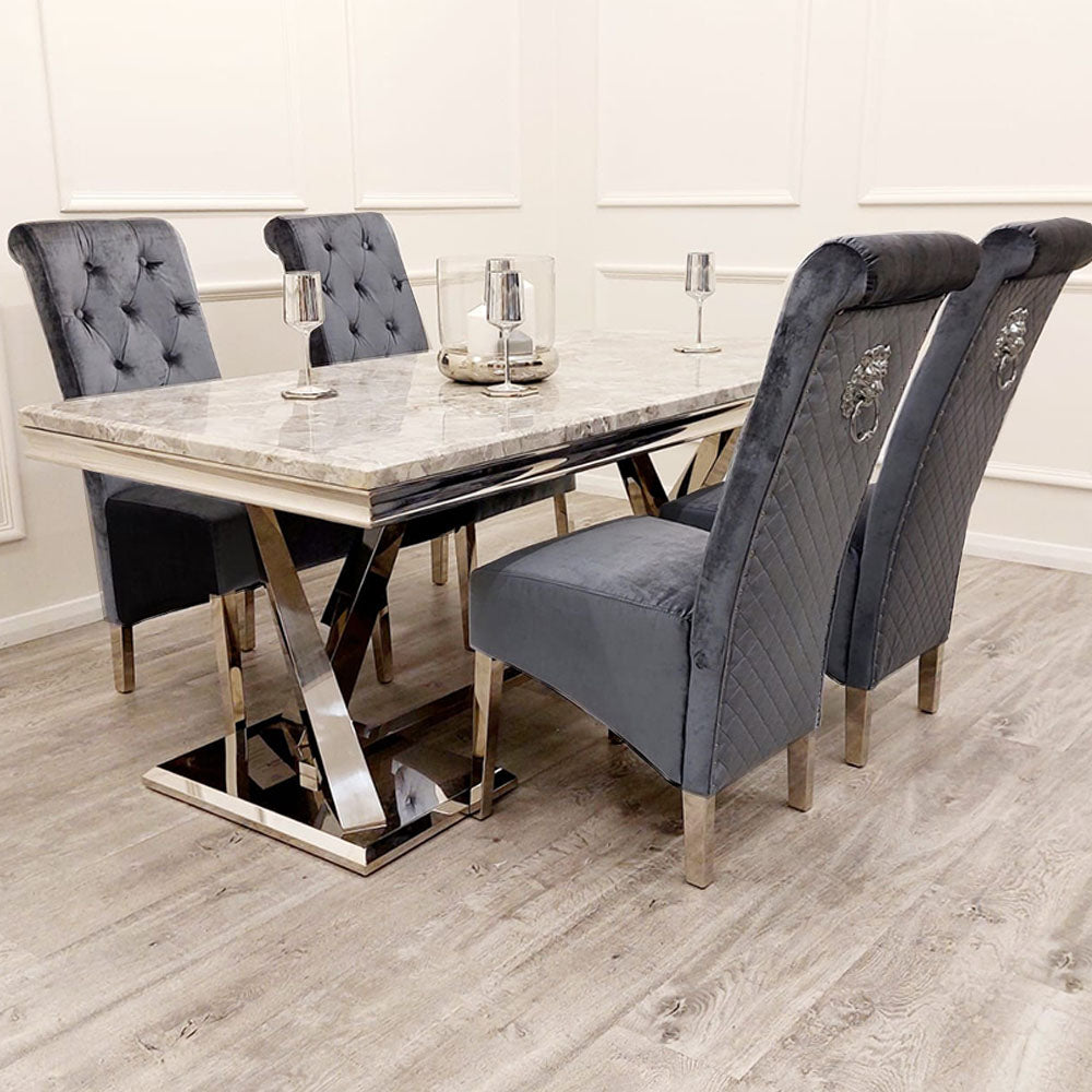 Xavia White Marble 1.8m Dining Table With Set Of 4 Emma Dark Grey Dining Chairs