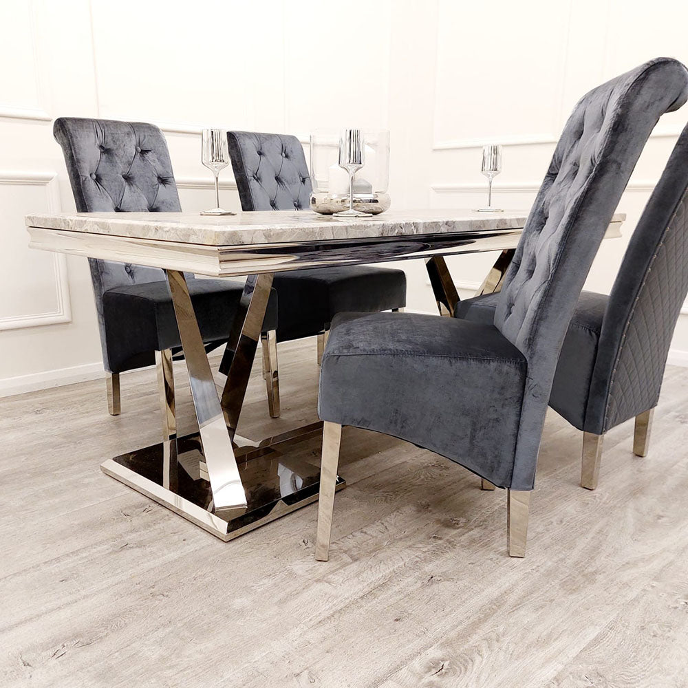 Xavia White Marble 1.8m Dining Table With Set Of 4 Emma Dark Grey Dining Chairs
