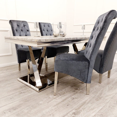 Xavia White Marble 1.8m Dining Table With Set Of 4 Emma Dark Grey Dining Chairs