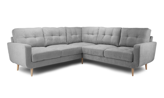 Aurora gray corner sofa with tufted back cushions and tapered wooden legs