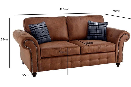 Brown Oakland Fullback two-seat sofa with plaid cushions and dimensions marked