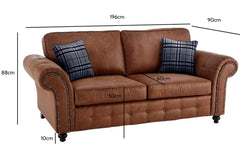 Brown Oakland Fullback two-seat sofa with plaid cushions and dimensions marked