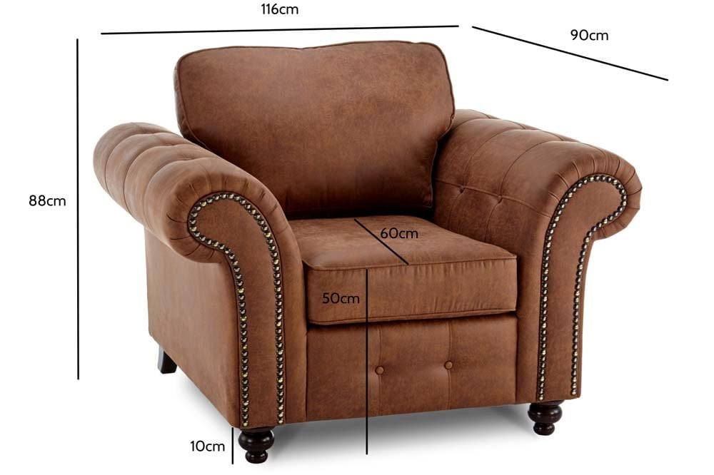 Brown upholstered armchair with dimensions marked: 116 cm wide, 90 cm deep and 88 cm high