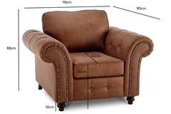 Brown upholstered armchair with dimensions marked: 116 cm wide, 90 cm deep and 88 cm high