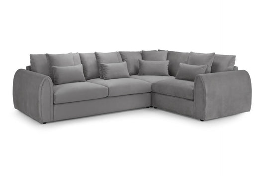 Mirabel gray right-corner scatterback sofa with cushioned seats and loose pillows